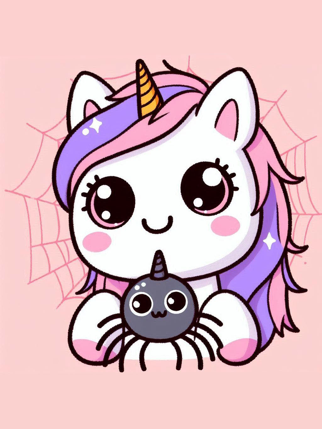 Halloween unicorn illustration ideas featuring a unicorn with a spider, showcasing a whimsical blend of fantasy and Halloween theme, perfect for creative inspiration.